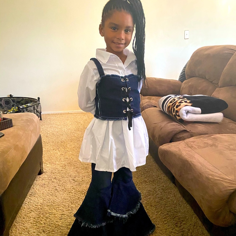 Lil Girls White Botton Down Shirt W/ Denim Corset